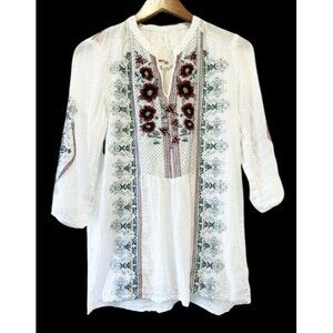 JOHNNY WAS XS Floral Embroidered Tunic Women's Top Sustainable Ramie Material